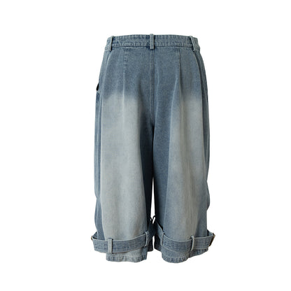 Lace-Up Washed Wide Leg Denim Short Pants WN25611