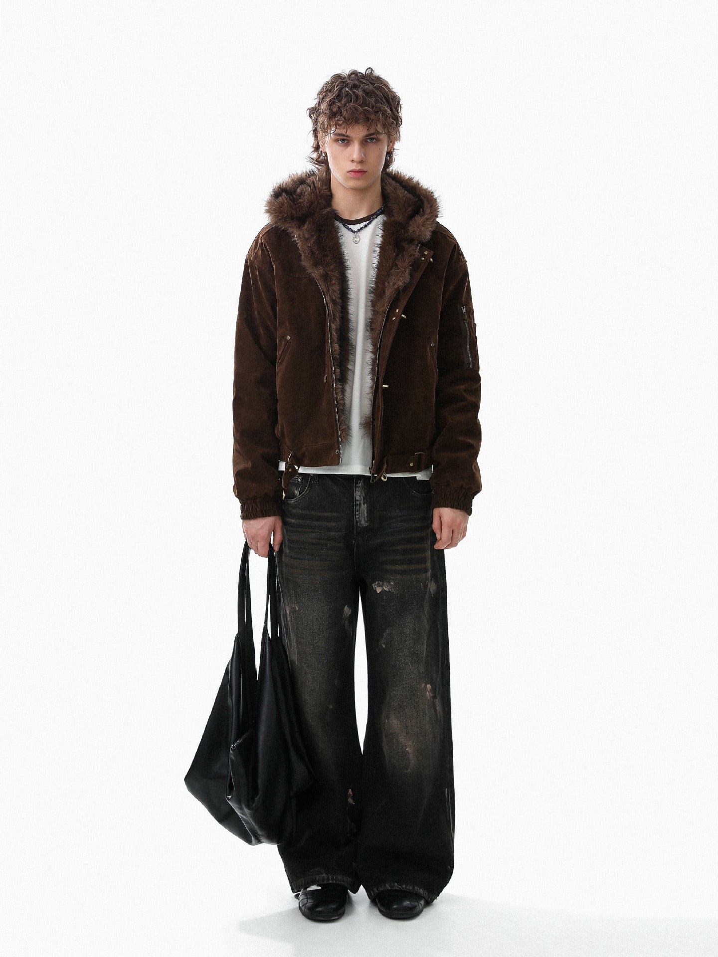 Hooded Fake Fur Collar Metal Buckle Jacket WN23092