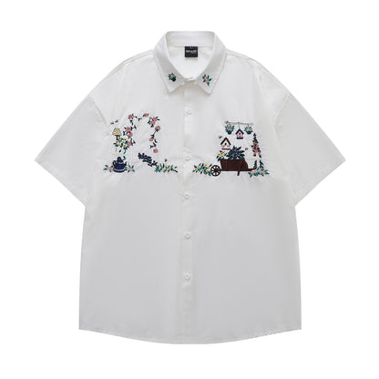 Floral Embroidery Oversize Short Sleeve Shirt WN18542