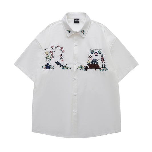 Floral Embroidery Oversize Short Sleeve Shirt WN18542