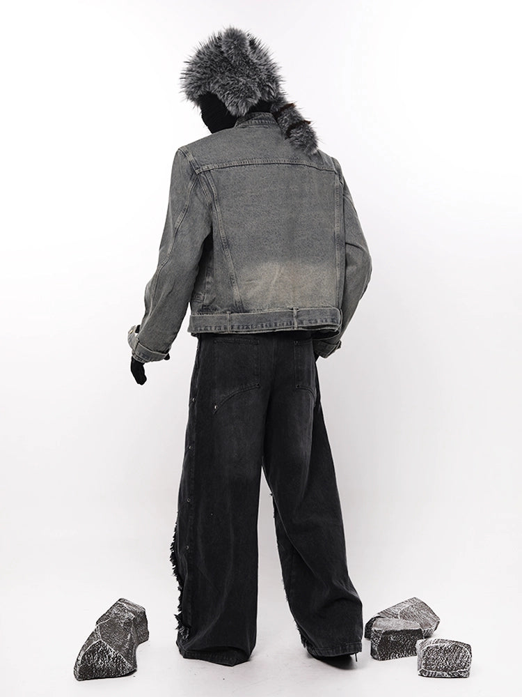 Washed Gradient Fringe Raw Edge Denim Jeans WN18715