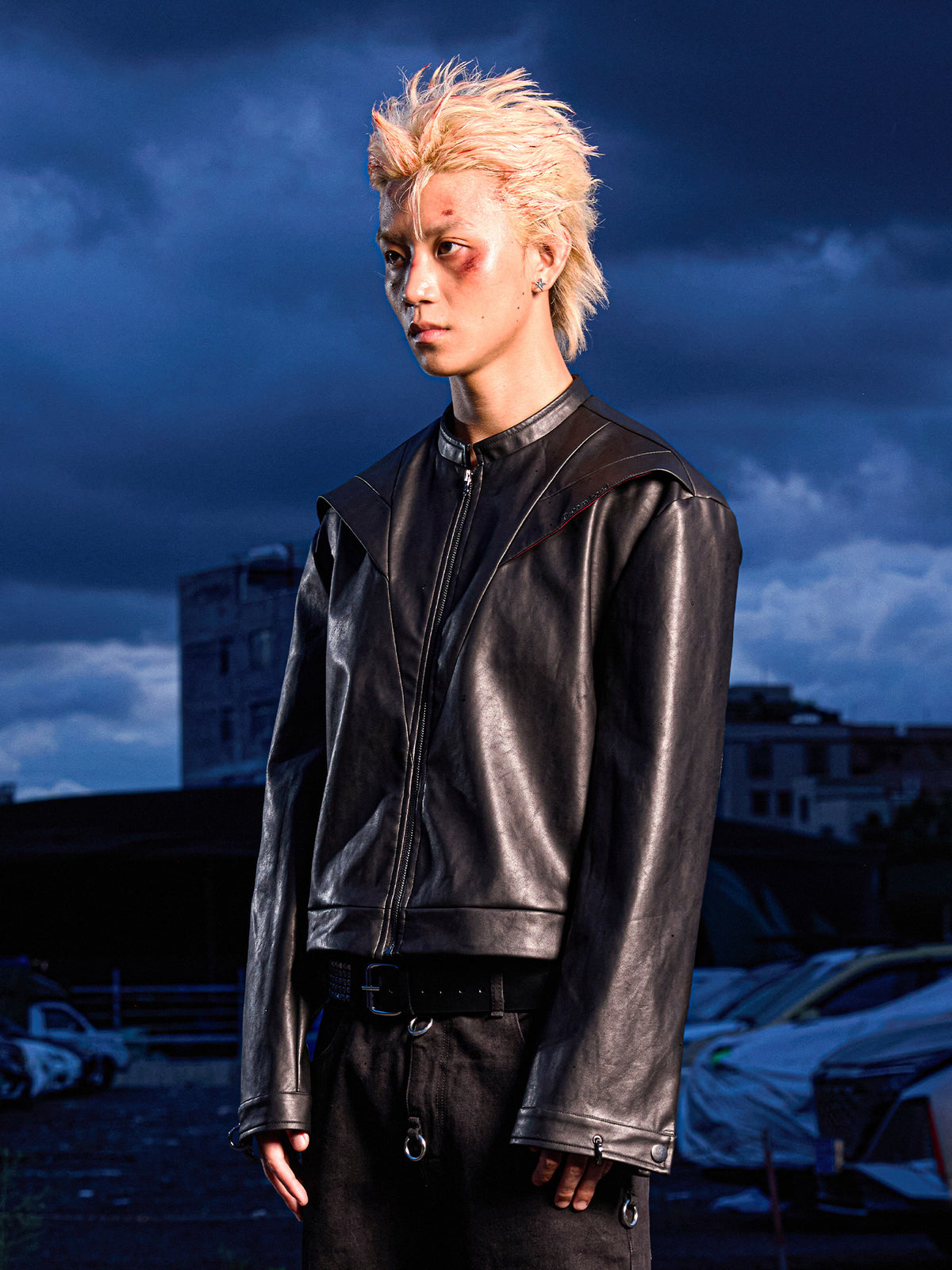 Stand Neck Graphic PU Leather Jacket WN27089