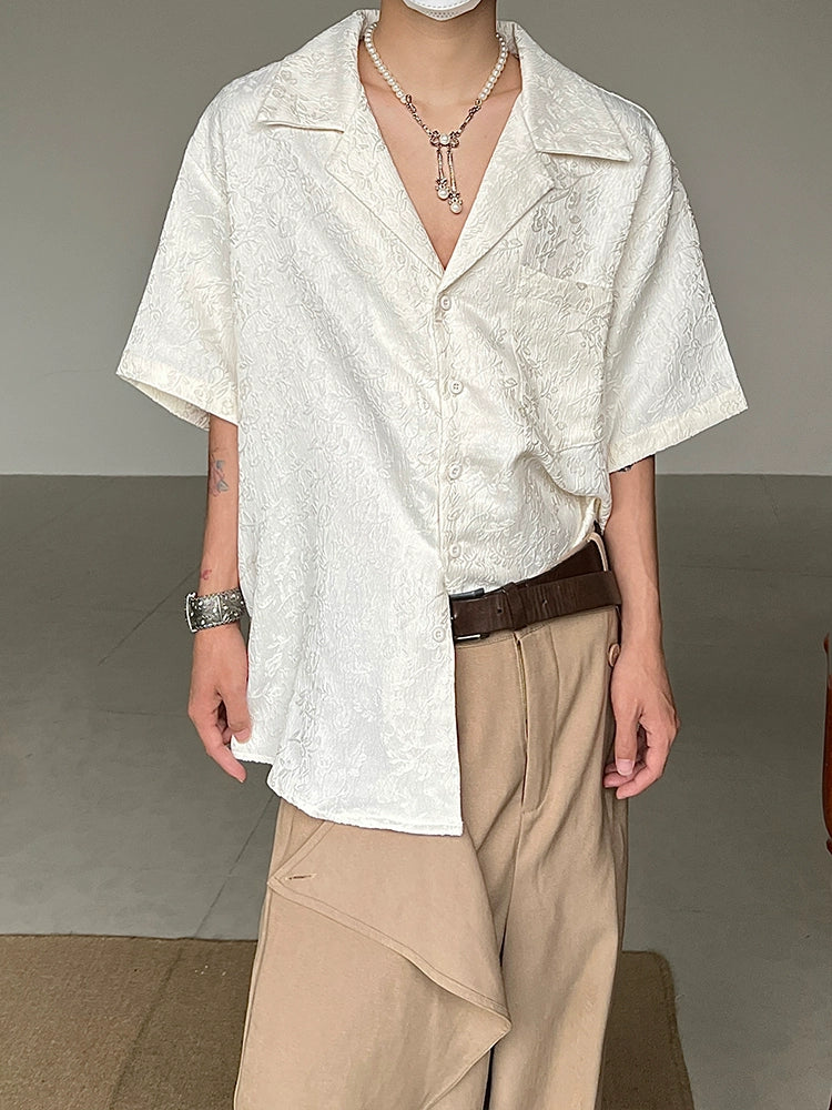 Jacquard Embroidery Embossed Cuban Collar Short Sleeve Shirt WN20026