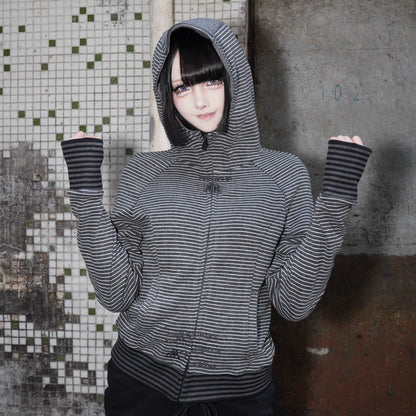 Embroidery Stripe Colorblock Zipper Hoodie WN22190