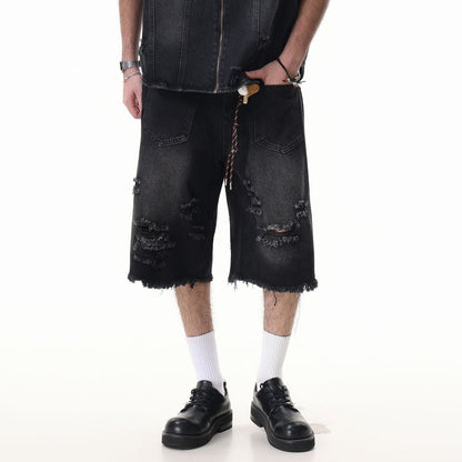 Washed Damage Wide Leg Denim Short Pants WN25596