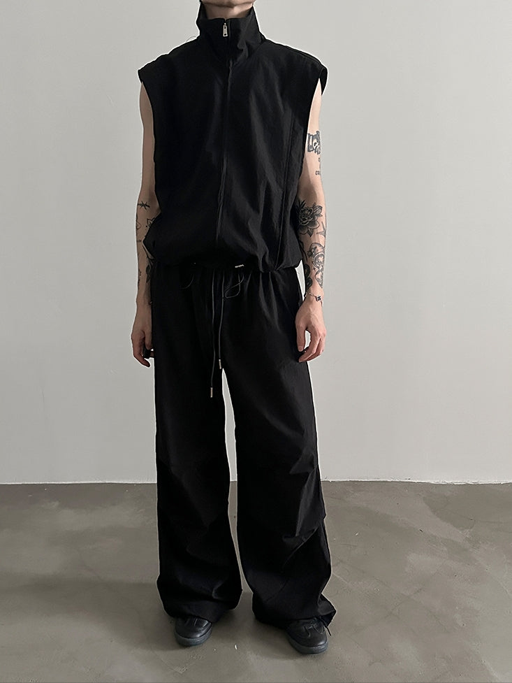 Stand Neck Sporty Vest & Pleated Wide Leg Pants Setup WN8893