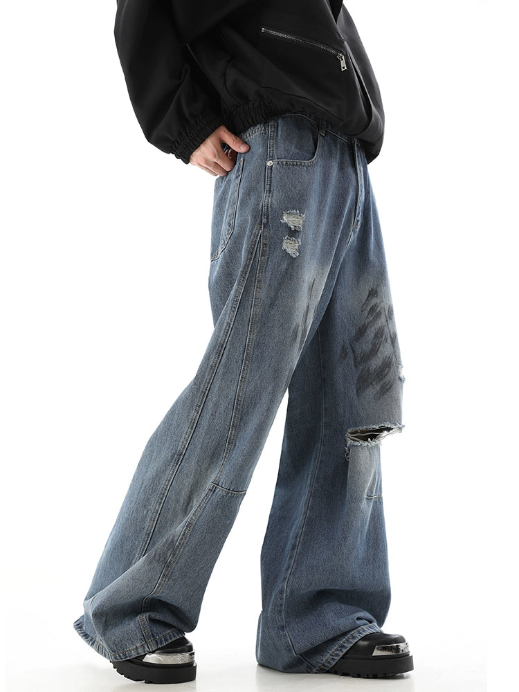 Damage Wide-Leg Denim Jeans WN10452