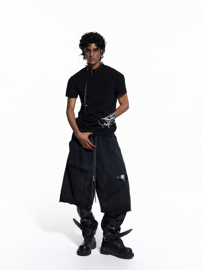 Cross Print Washed Raw-Edge Half Pants WN27433