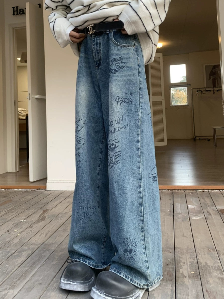 Graffiti Design Washed Wide Leg Denim Jeans WN19851