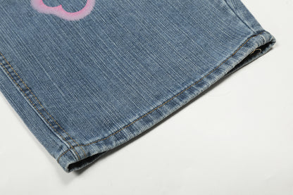Star Heart Print Curved Wide Leg Denim Jeans WN25731
