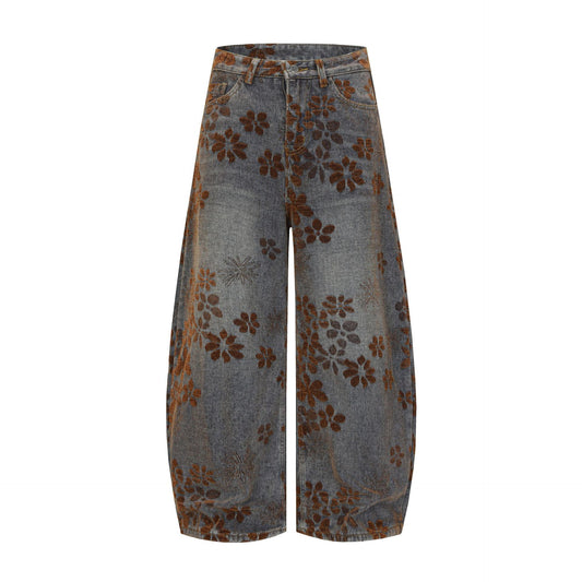 Flocked Wide Leg Curved Denim Jeans WN23031