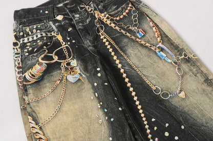 Chain Paint  3D Print Washed Wide Leg Denim Jeans WN25475