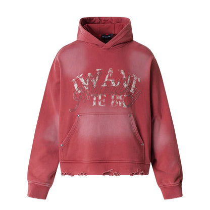 Washed Letter Rhinestone Design Damage Hoodie WN25384