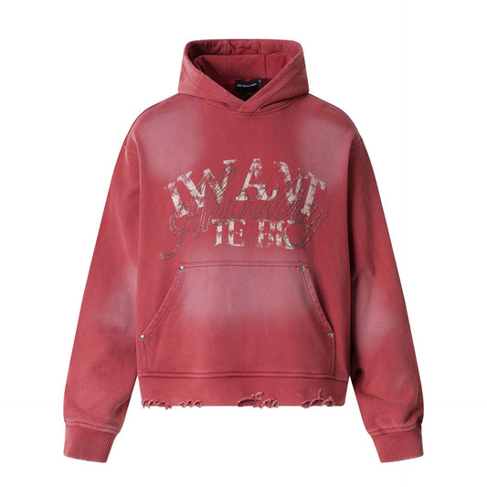 Washed Letter Rhinestone Design Damage Hoodie WN25384