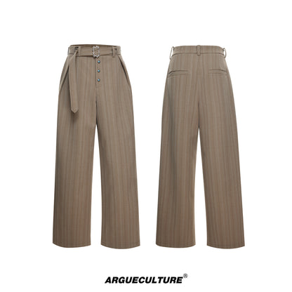 Pleats Stripe High-Waist Belt Straight Trousers WN23317