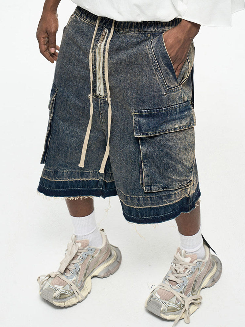 Zipper Drawstring Raw Edge Cargo Short Pants WN24337