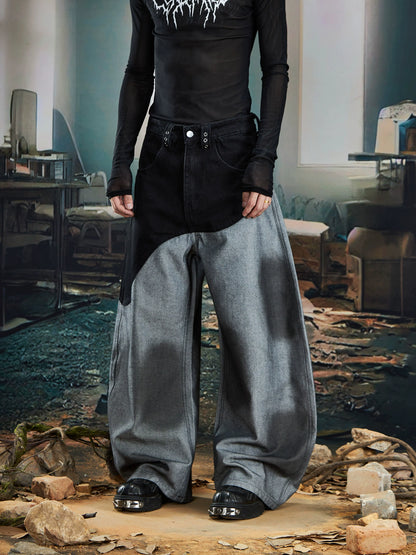 Patchwork Color Block Spray Paint Wide Leg Denim Jeans WN20576