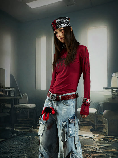 High Elastic Tight Gel Print High-Neck Long Sleeve T-Shirt WN20554