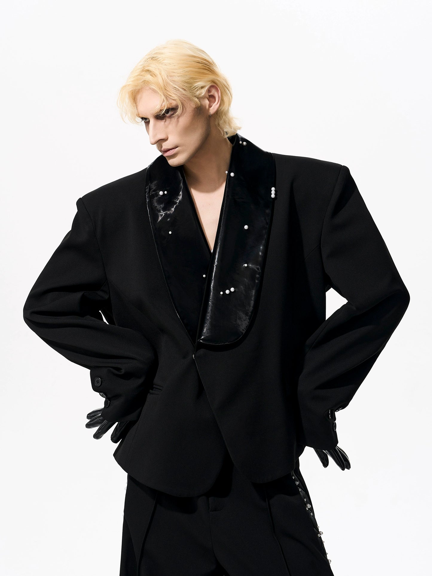 Pearl Splicing Shoulder-Pad PU Leather Jacket & Straight Pants Setup WN21966