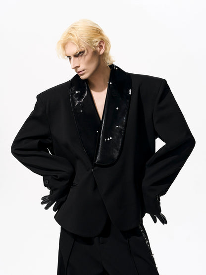 Pearl Splicing Shoulder-Pad PU Leather Jacket & Straight Pants Setup WN21966