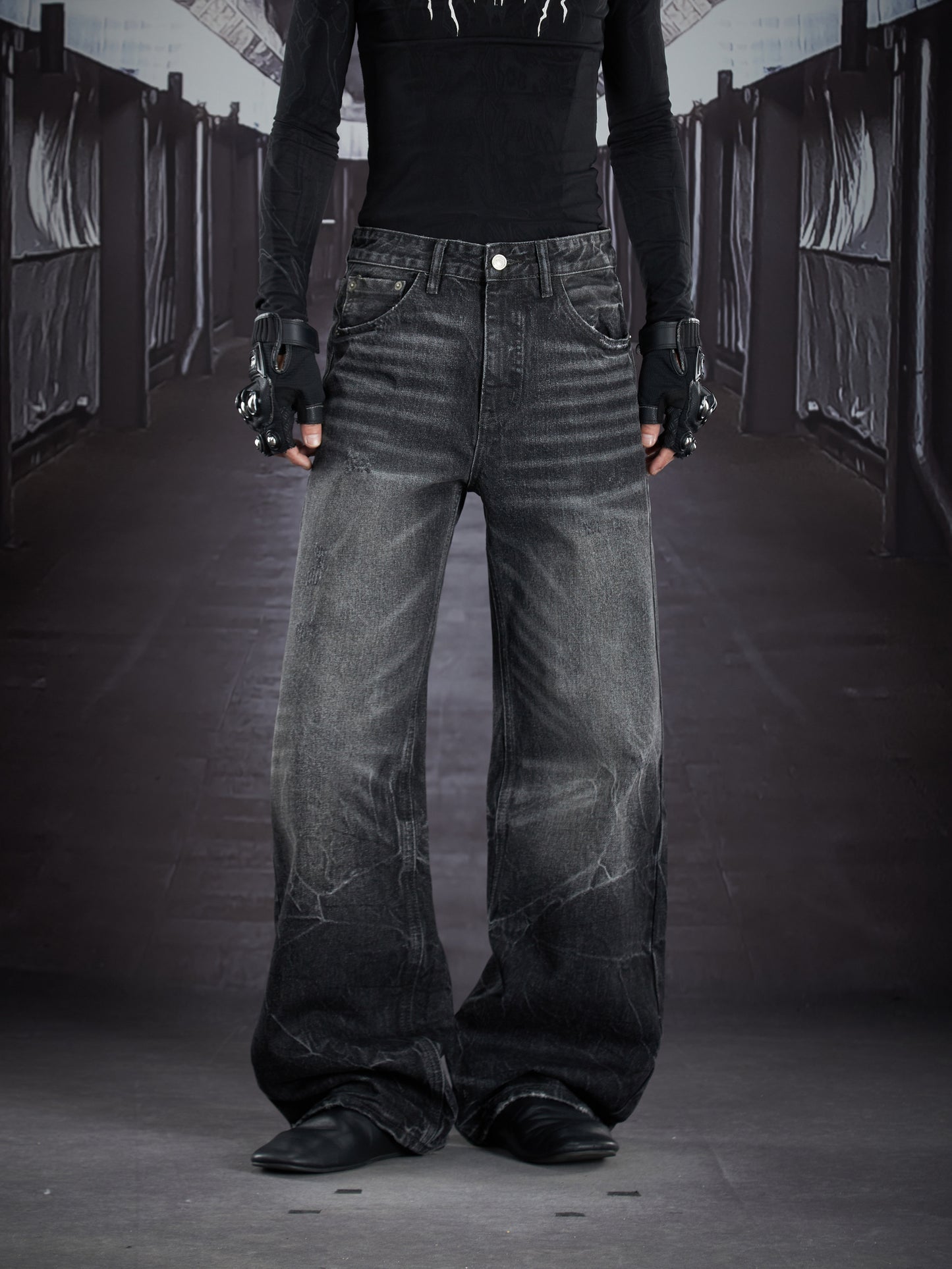 Art Whisker Honeycomb Wash Damage Straight Denim Jeans WN22902