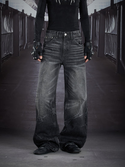 Art Whisker Honeycomb Wash Damage Straight Denim Jeans WN22902