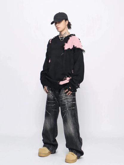 Colorblock Damage Design Oversize Knit Sweater WN10919