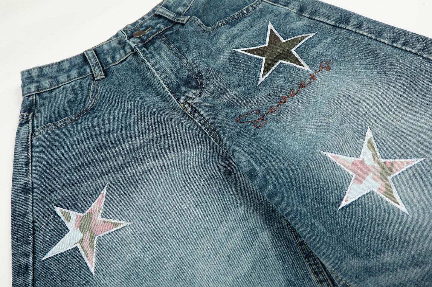 Washed Star Applique Wide Leg Denim Jeans WN25451