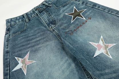 Washed Star Applique Wide Leg Denim Jeans WN25451