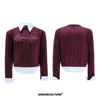 Fake Layered Pearl Embellished Thick Knit Sweater WN21721