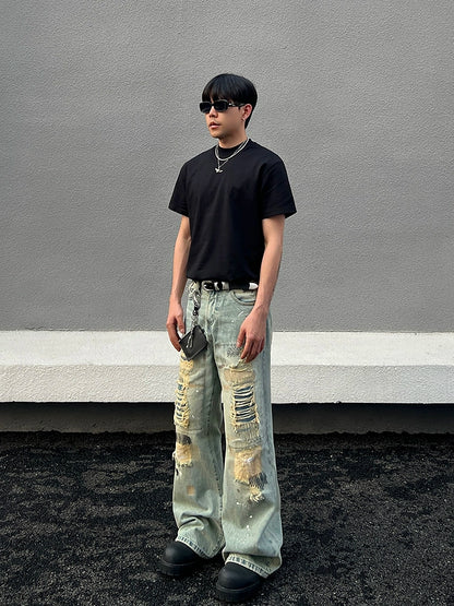 Mud-Dye Damage Design Flare Denim Jeans WN19396