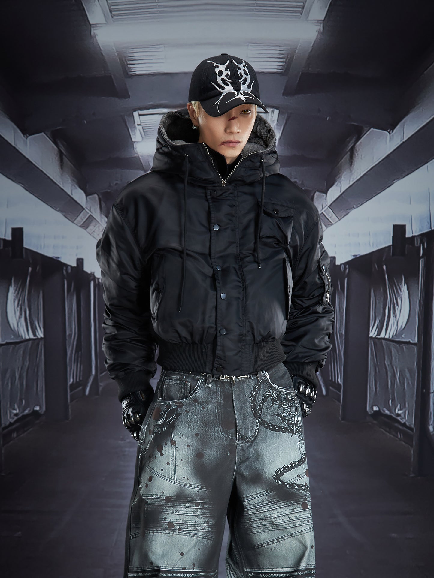 Detachable Fur Collar Pleated Sleeve Studded Hooded Fleece Jacket WN22841