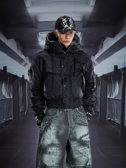 Detachable Fur Collar Pleated Sleeve Studded Hooded Fleece Jacket WN22841