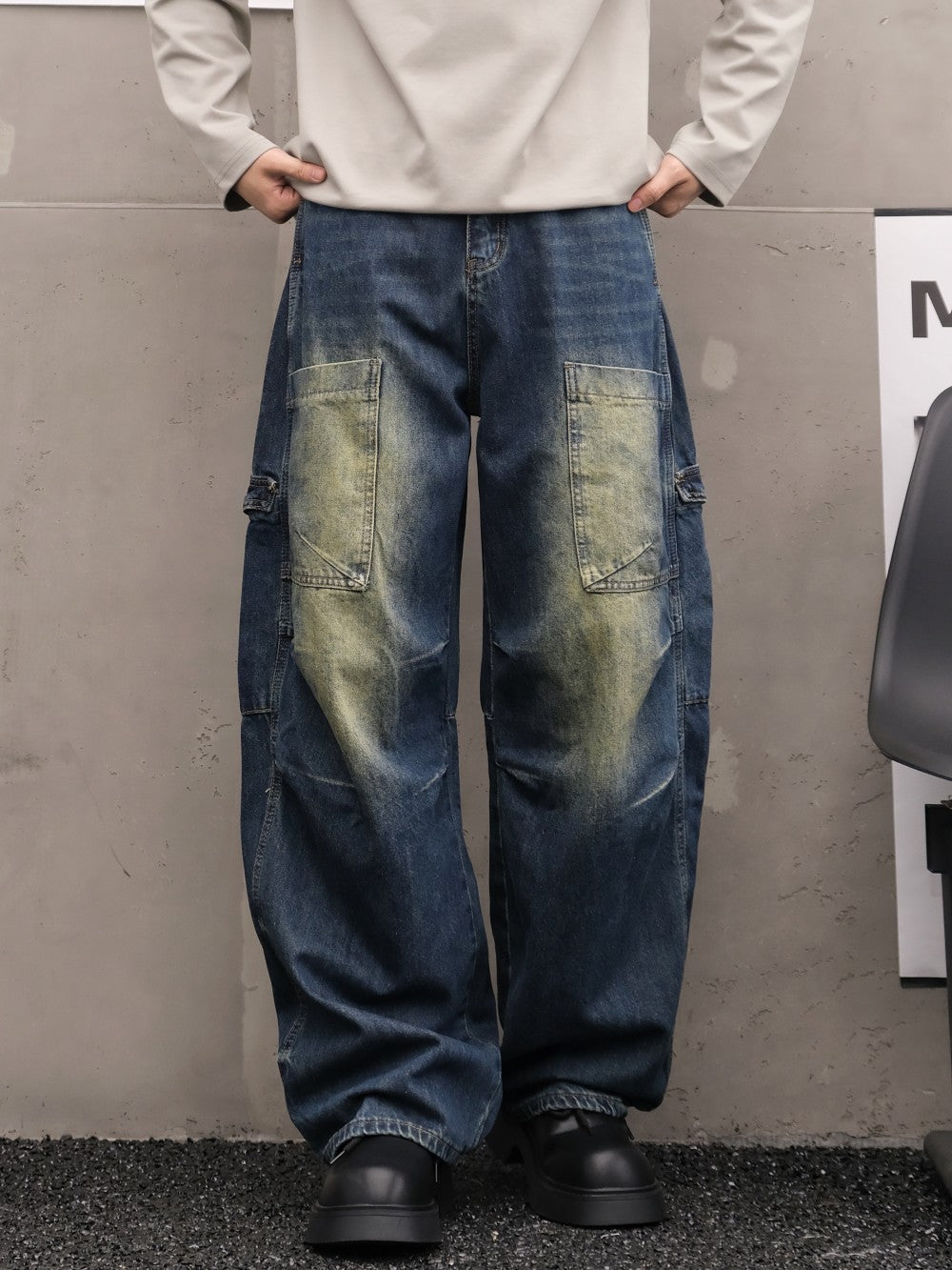 Washed Multi-Pocket Wide Leg Denim Jeans WN27916