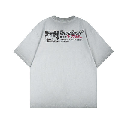 Washed Portrait Letter Print Short Sleeve T-Shirt WN25399