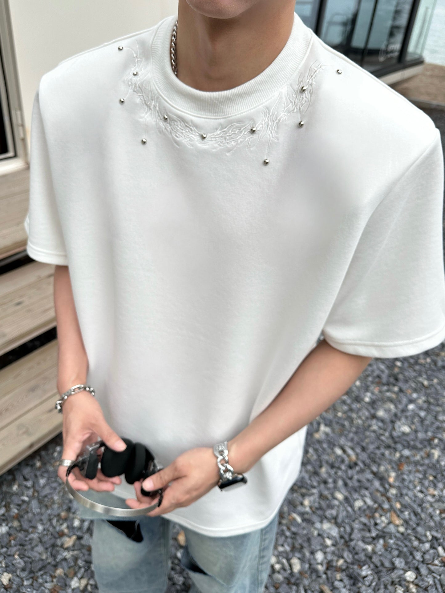 Embroidery Bead Short Sleeve T-Shirt WN25334