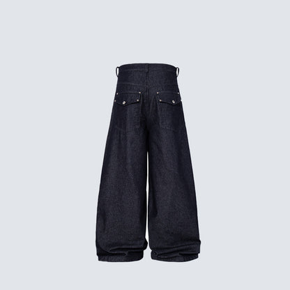 Multi-Button Deconstructed Draped Wide Leg Denim Jeans WN27903