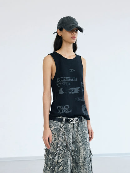 Graffiti Print Ribbed Texture Tank Top WN18248