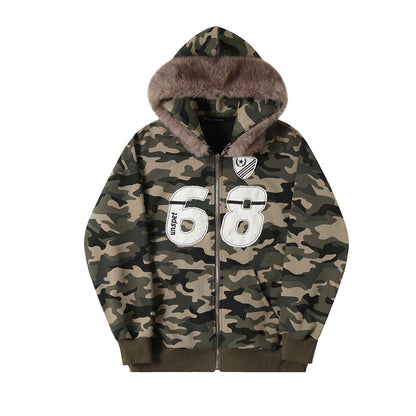 Fake Fur Collar Camouflage Zipper Hoodie WN21879
