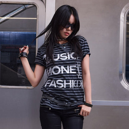 Stripe Letter Logo Print Short Sleeve T-Shirt WN27226