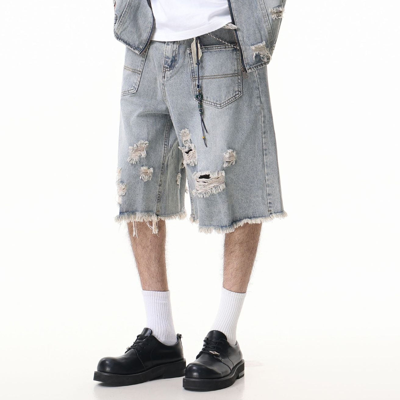 Washed Damage Wide Leg Denim Short Pants WN25596