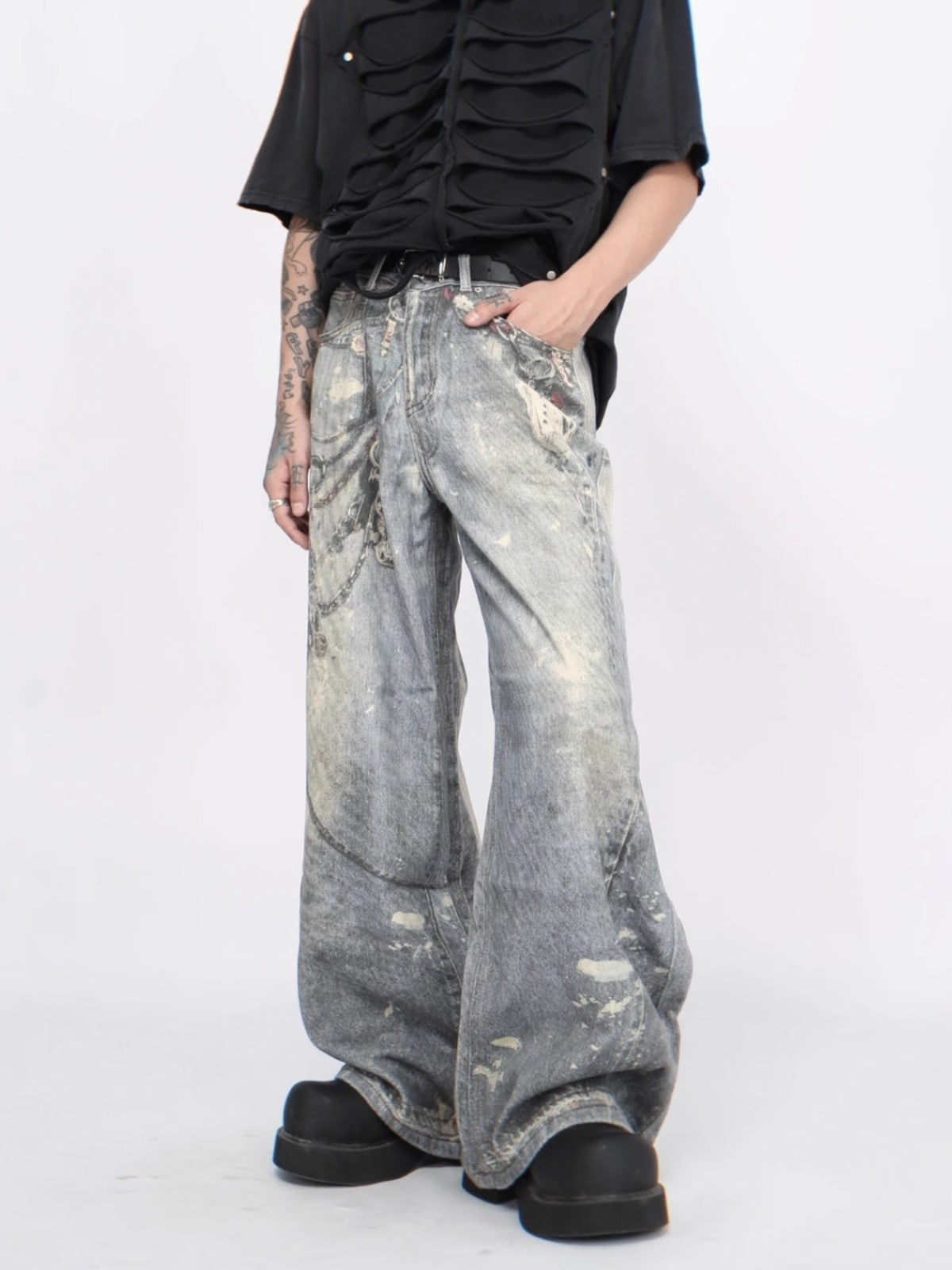 Chain Print Damage Wide-Leg Straight Denim Jeans WN6955