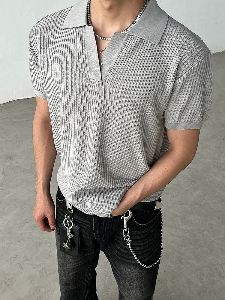 Striped Textured Summer Knit Short Sleeve Polo Shirt WN19570