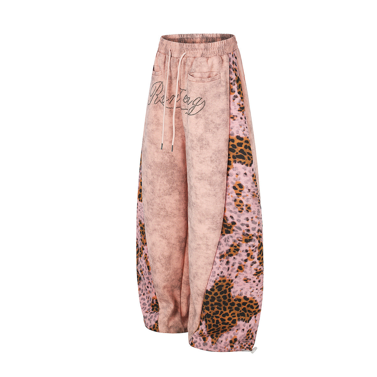 Leopard Print Curved Studs Wide Leg Sweatpants WN25700