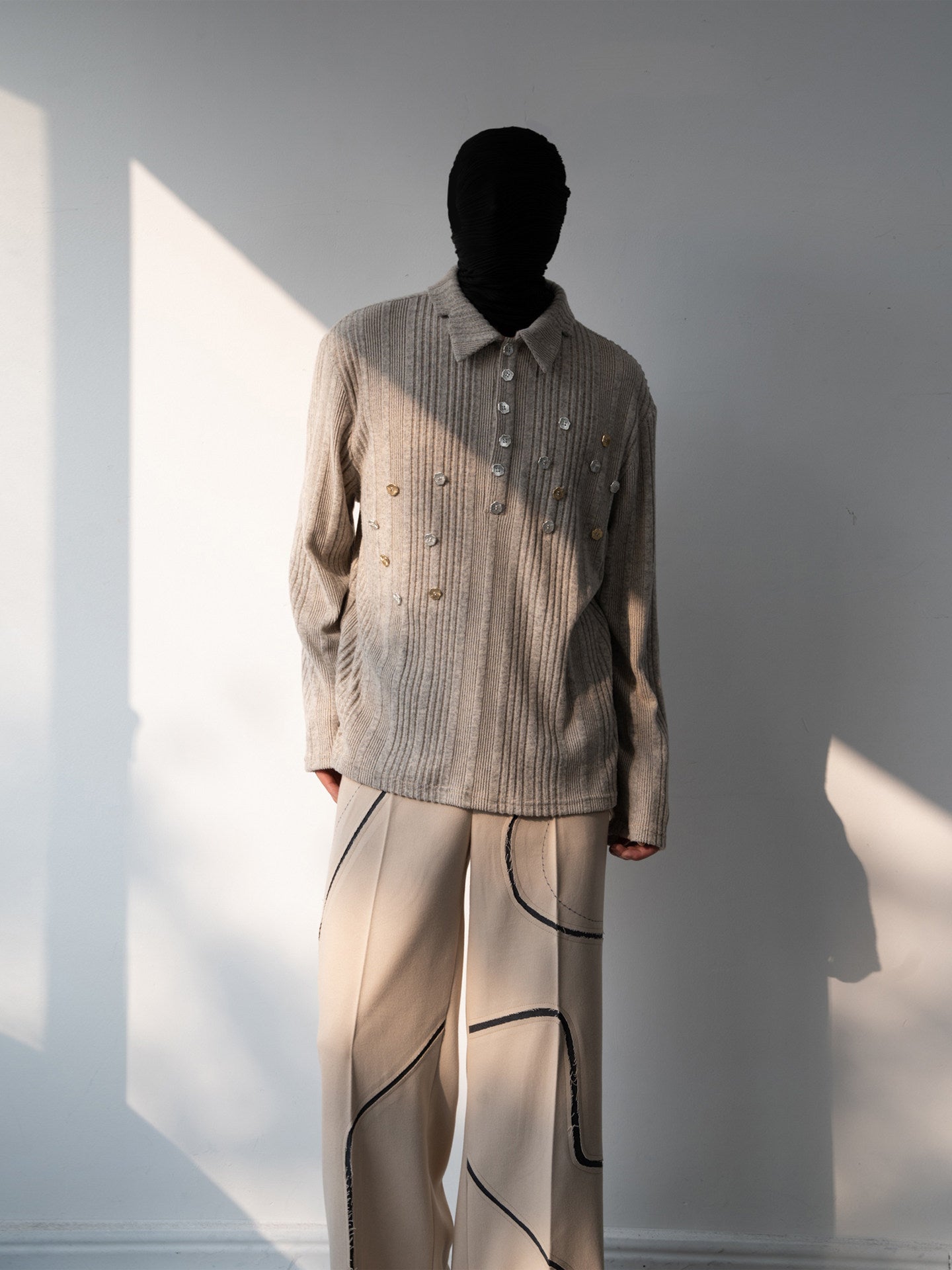 Button Detail Ribbed Polo Knit Sweater WN23640