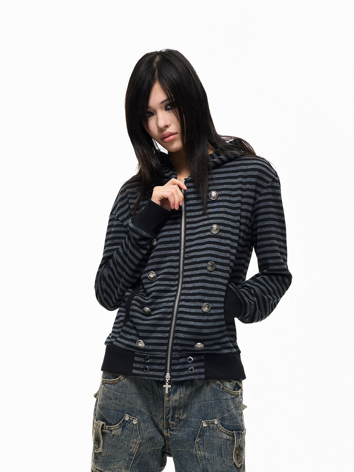 Stripe Decorative Button Cross Zipper Pull Zipper Hoodie WN27308