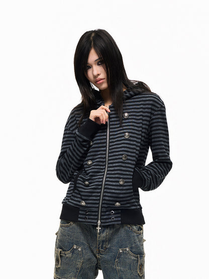 Stripe Decorative Button Cross Zipper Pull Zipper Hoodie WN27308
