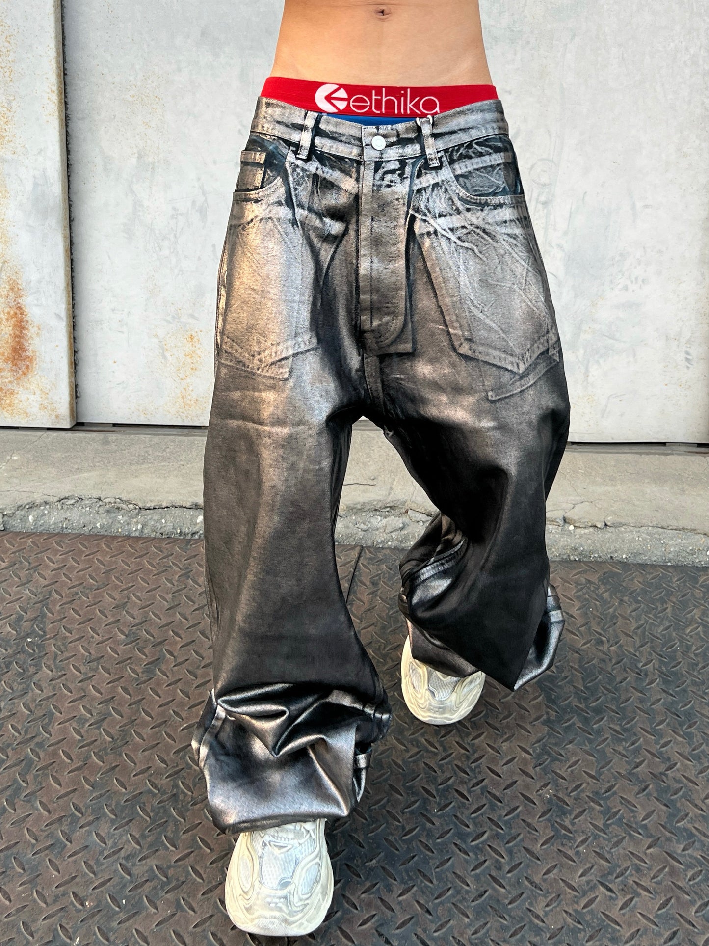 Metallic Glossy Wide Leg Denim Jeans WN24062