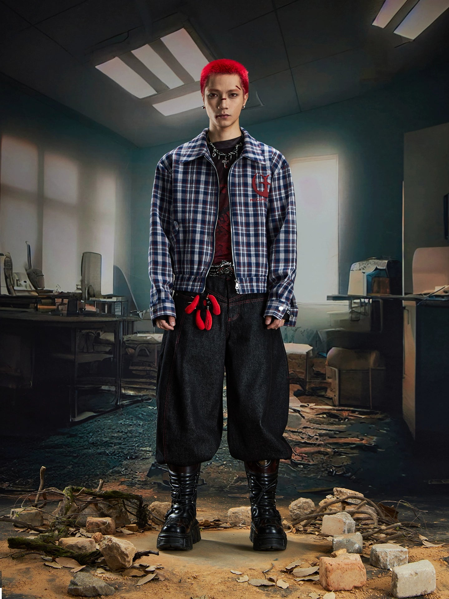 Embroidery Plaid Collar Short Zipper Jacket WN20598