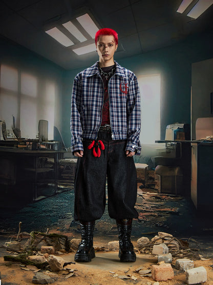 Embroidery Plaid Collar Short Zipper Jacket WN20598